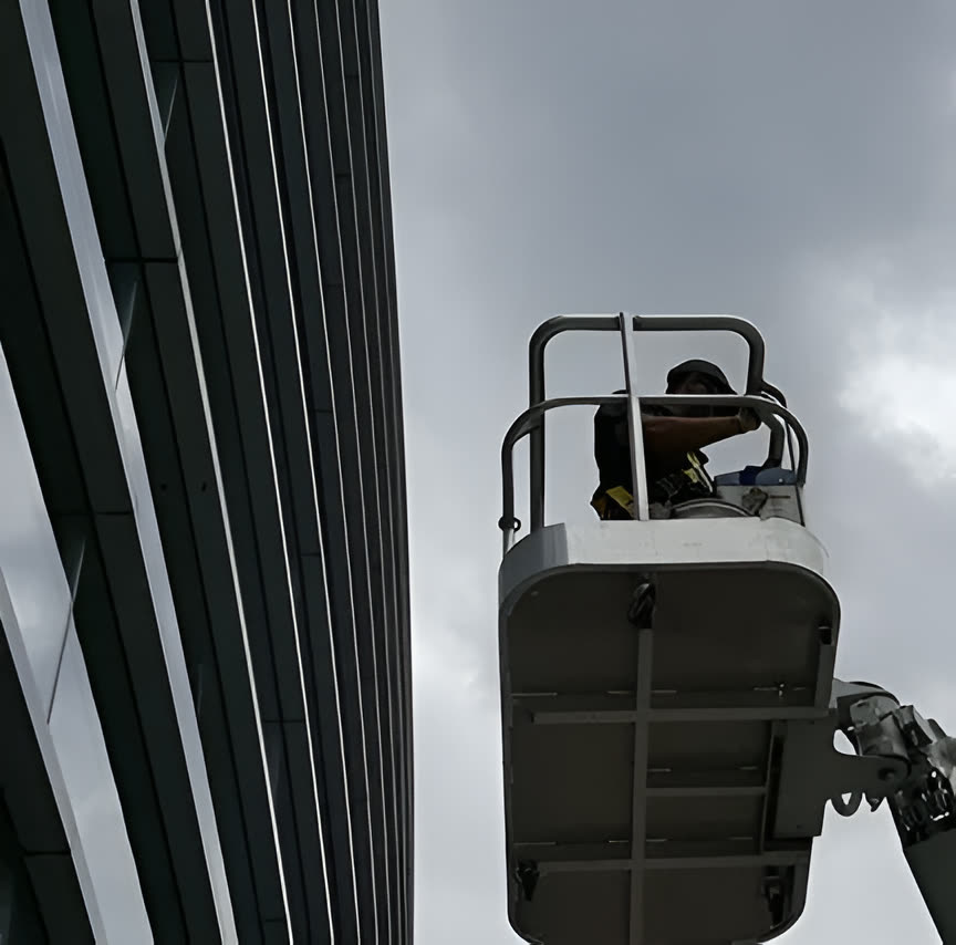 Premier Window Cleaning crew working on a building exterior